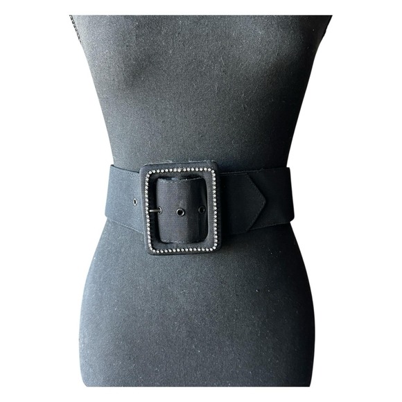 Vintage 1981 Belts By Nadim Black Fabric Wide Belt Rhinestone Buckle Size 8 - Picture 3 of 6